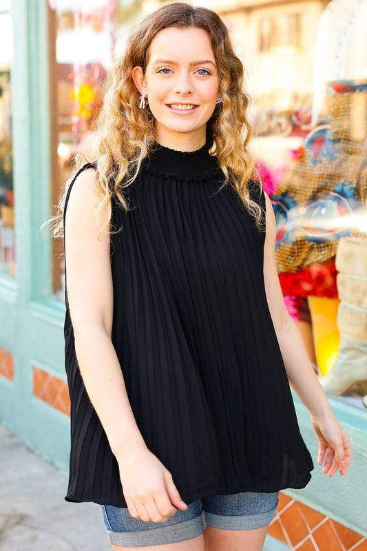 Sweet New Days Black Smocked Neck Pleated Sleeveless Top - Bitsy Gypsy Boutique