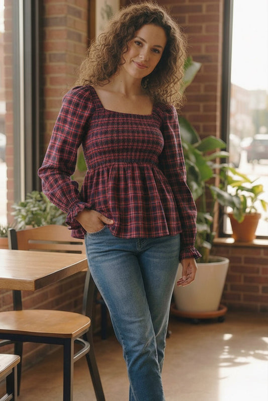 Sweetheart Smocked Cranberry Plaid Top - Bitsy Gypsy Boutique