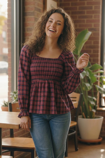 Sweetheart Smocked Cranberry Plaid Top - Bitsy Gypsy Boutique