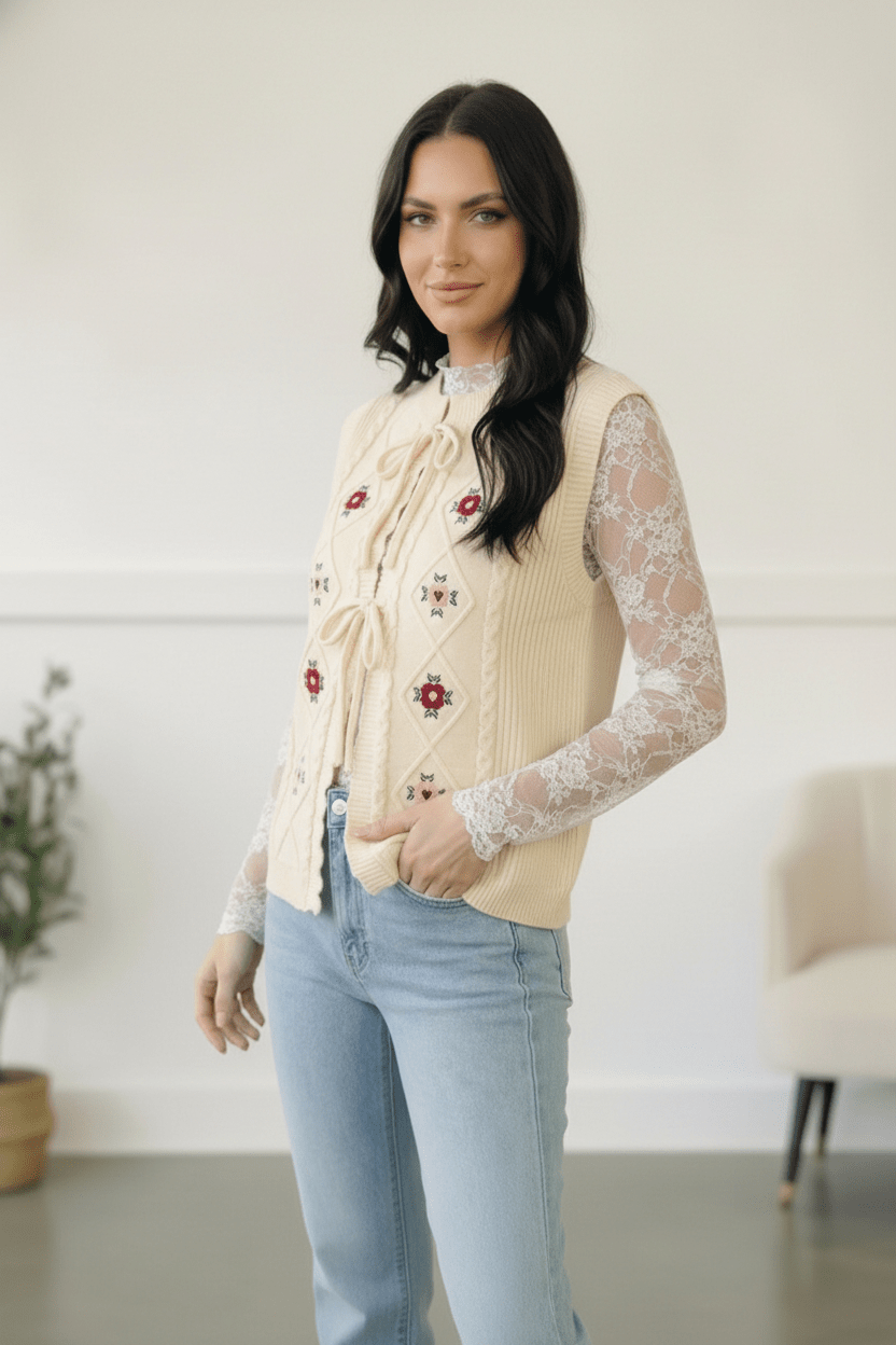 Sweetheart Stitch Embroidered Vest - Bitsy Gypsy Boutique