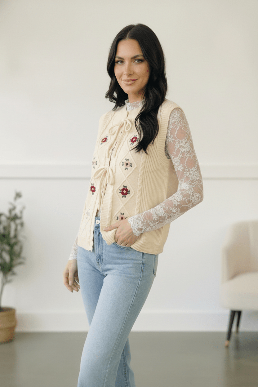 Sweetheart Stitch Embroidered Vest - Bitsy Gypsy Boutique