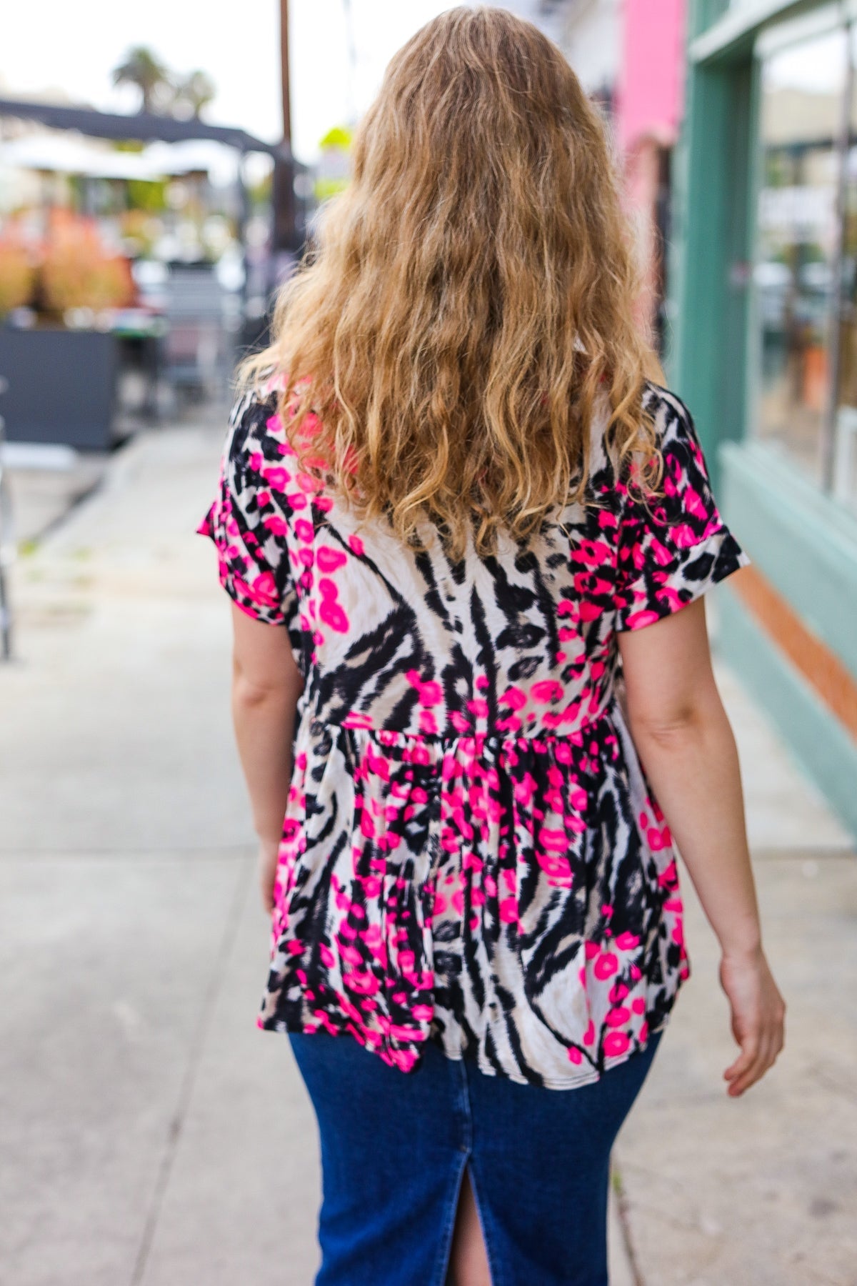 Take Me Away Pink Animal Print Babydoll V Neck Top - Bitsy Gypsy Boutique
