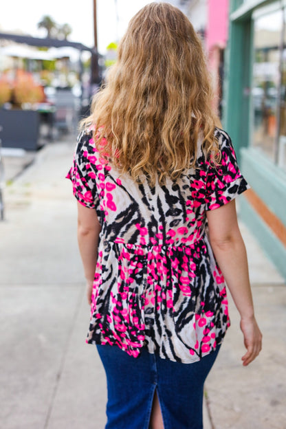 Take Me Away Pink Animal Print Babydoll V Neck Top - Bitsy Gypsy Boutique