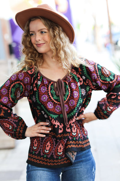 Take The Leap Black & Mauve Border Print Boho Tie Top - Bitsy Gypsy Boutique