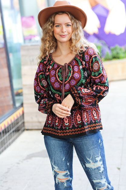 Take The Leap Black & Mauve Border Print Boho Tie Top - Bitsy Gypsy Boutique