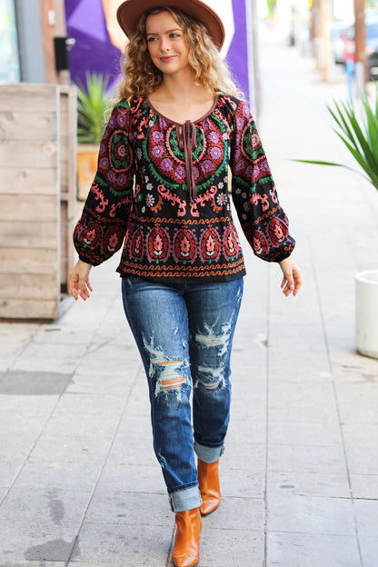 Take The Leap Black & Mauve Border Print Boho Tie Top - Bitsy Gypsy Boutique