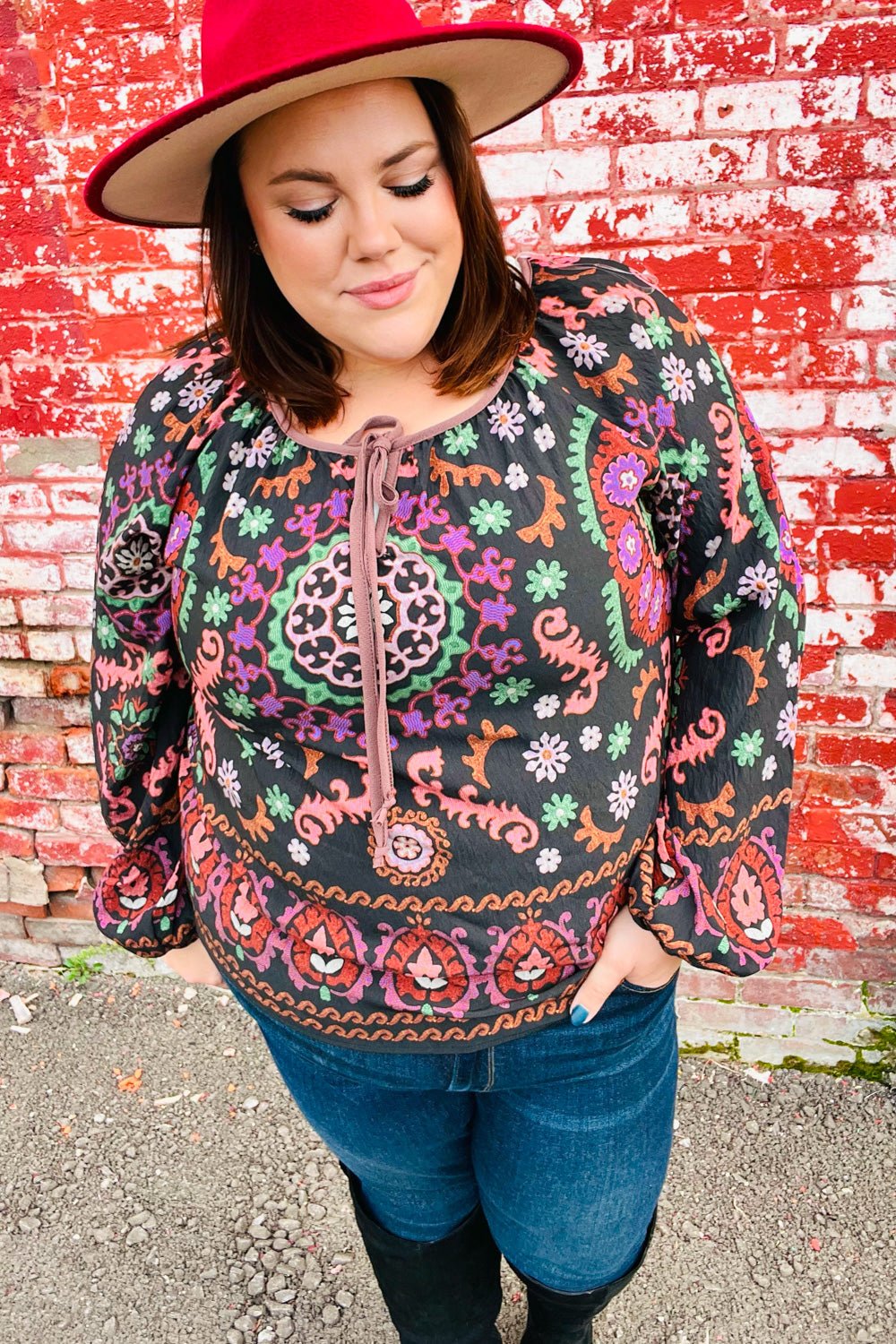 Take The Leap Black & Mauve Border Print Boho Tie Top - Bitsy Gypsy Boutique