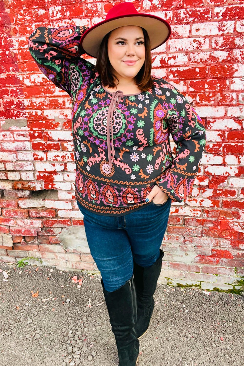 Take The Leap Black & Mauve Border Print Boho Tie Top - Bitsy Gypsy Boutique
