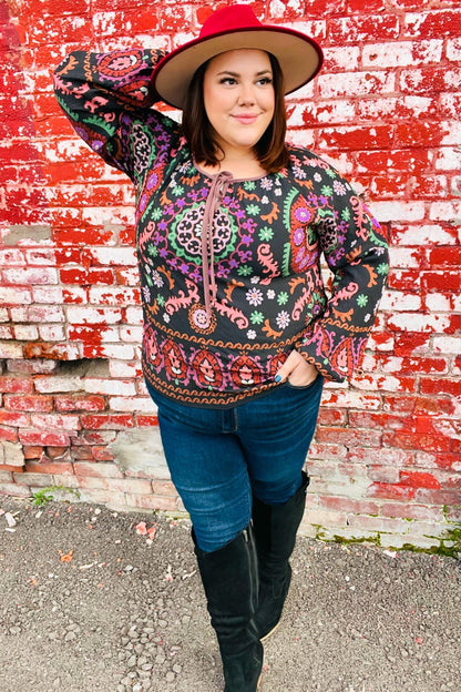 Take The Leap Black & Mauve Border Print Boho Tie Top - Bitsy Gypsy Boutique