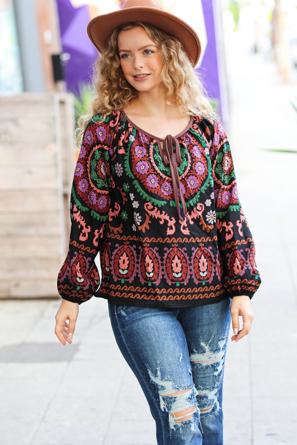 Take The Leap Black & Mauve Border Print Boho Tie Top - Bitsy Gypsy Boutique