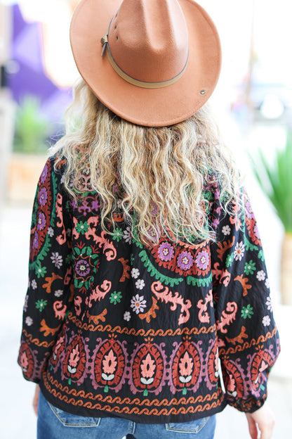 Take The Leap Black & Mauve Border Print Boho Tie Top - Bitsy Gypsy Boutique