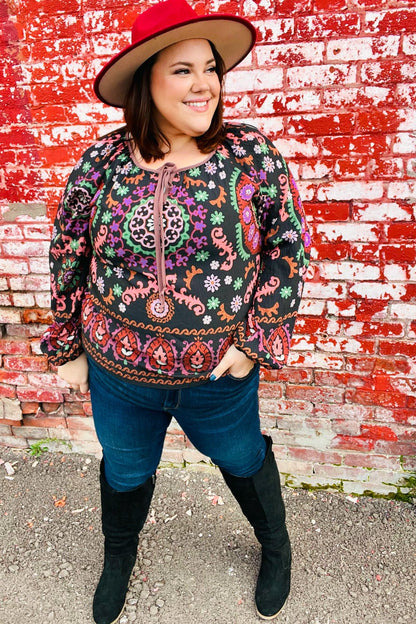 Take The Leap Black & Mauve Border Print Boho Tie Top - Bitsy Gypsy Boutique