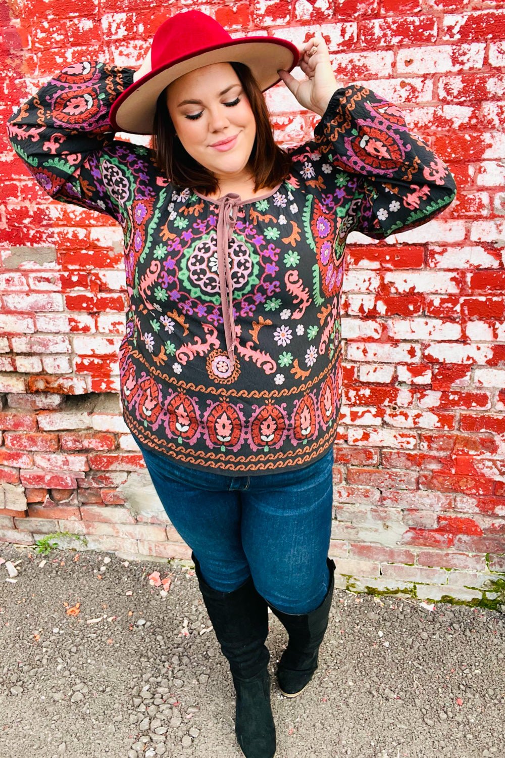 Take The Leap Black & Mauve Border Print Boho Tie Top - Bitsy Gypsy Boutique