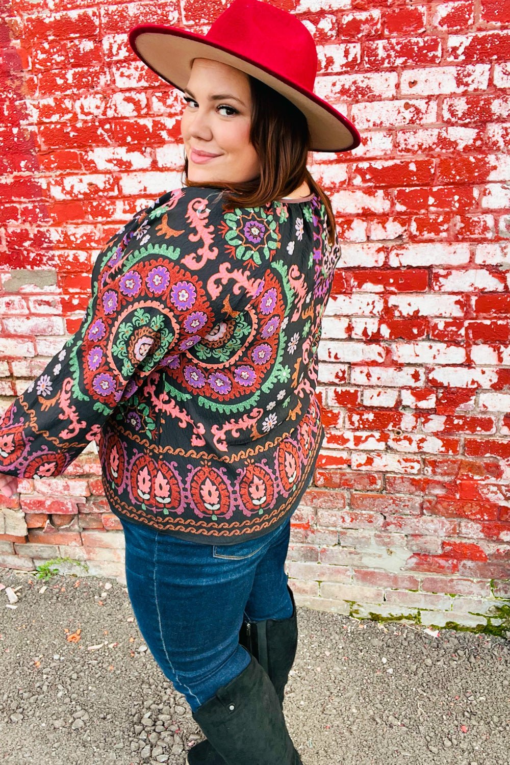 Take The Leap Black & Mauve Border Print Boho Tie Top - Bitsy Gypsy Boutique