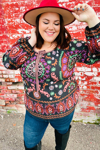 Take The Leap Black & Mauve Border Print Boho Tie Top - Bitsy Gypsy Boutique