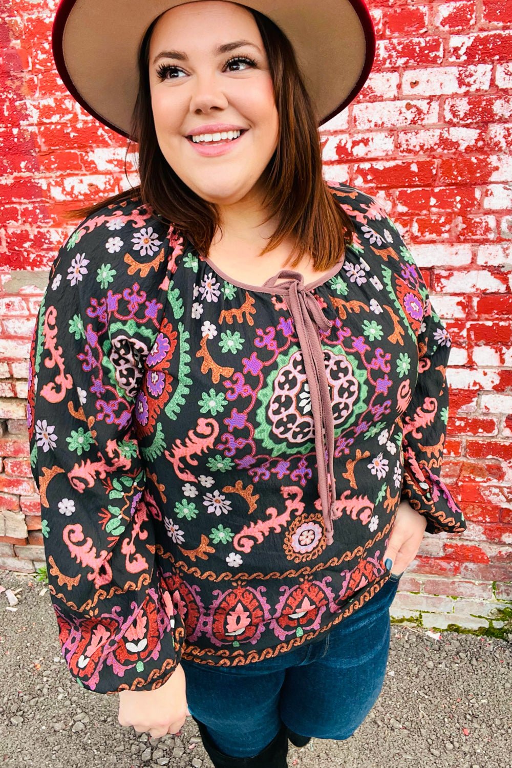 Take The Leap Black & Mauve Border Print Boho Tie Top - Bitsy Gypsy Boutique