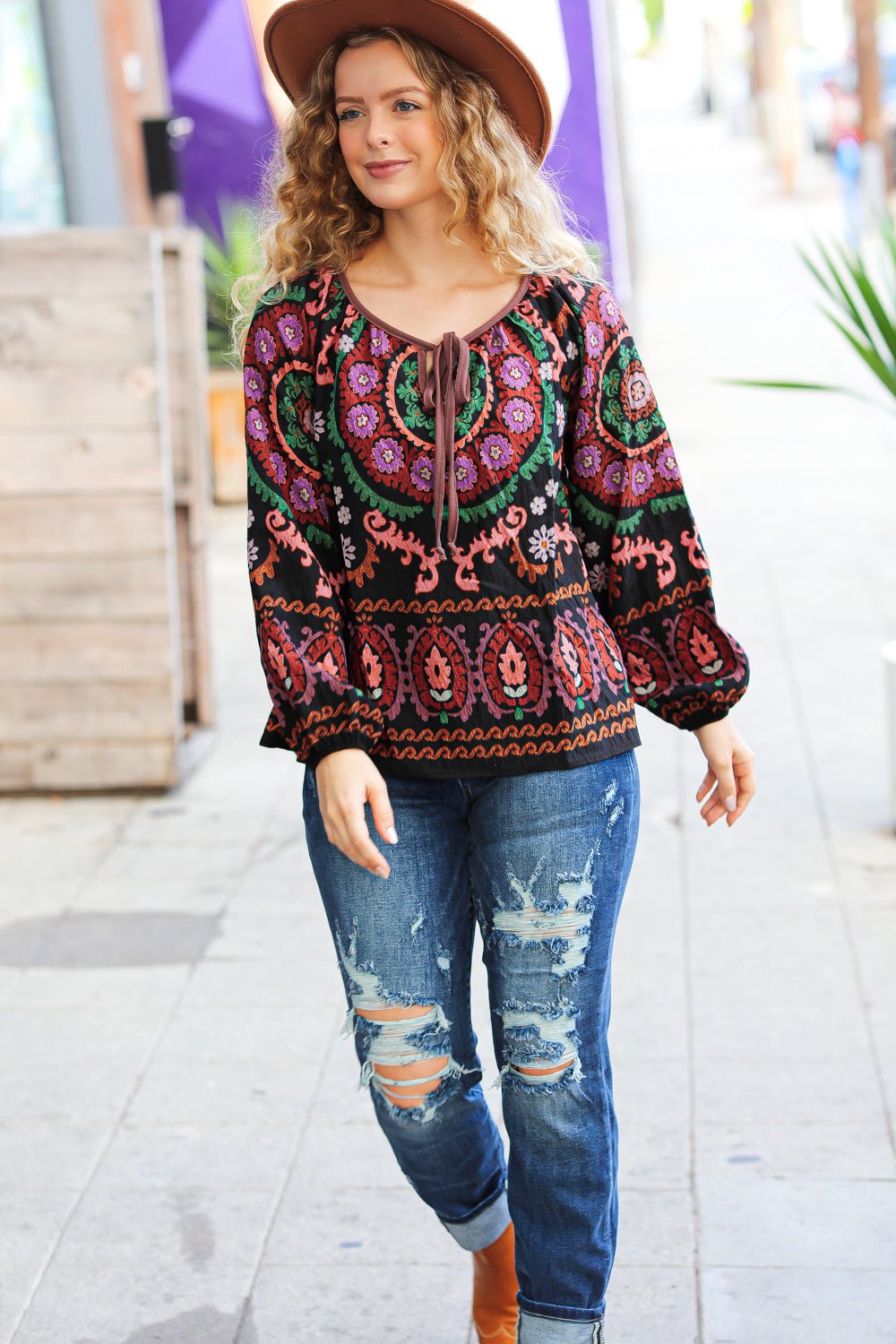 Take The Leap Black & Mauve Border Print Boho Tie Top - Bitsy Gypsy Boutique