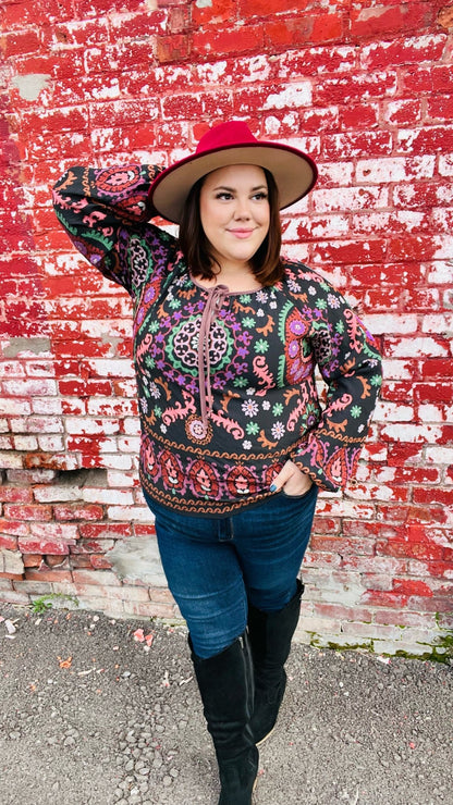 Take The Leap Black & Mauve Border Print Boho Tie Top - Bitsy Gypsy Boutique
