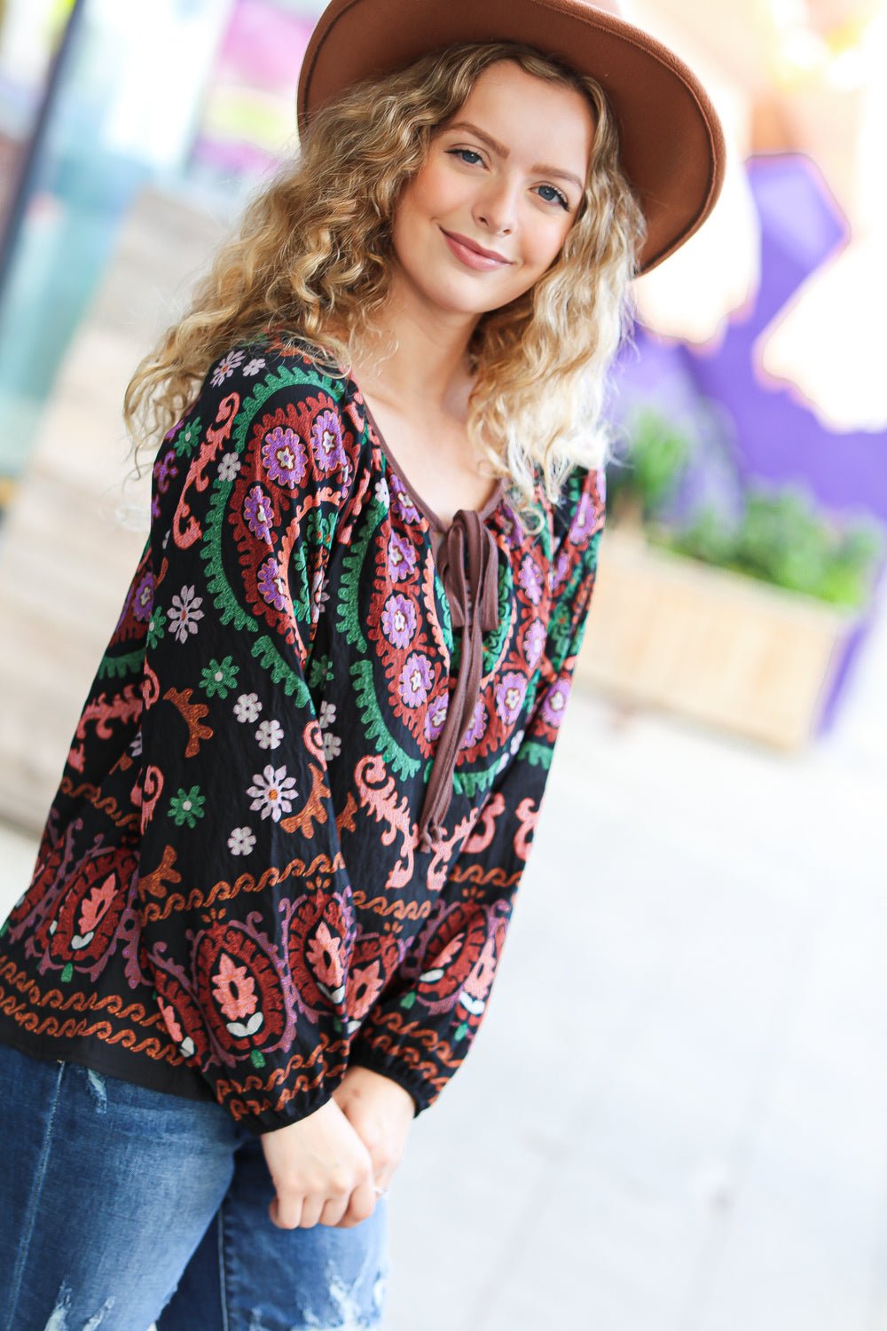 Take The Leap Black & Mauve Border Print Boho Tie Top - Bitsy Gypsy Boutique