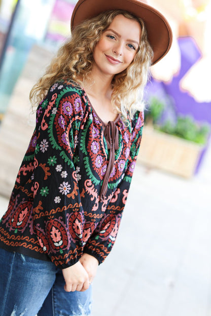 Take The Leap Black & Mauve Border Print Boho Tie Top - Bitsy Gypsy Boutique
