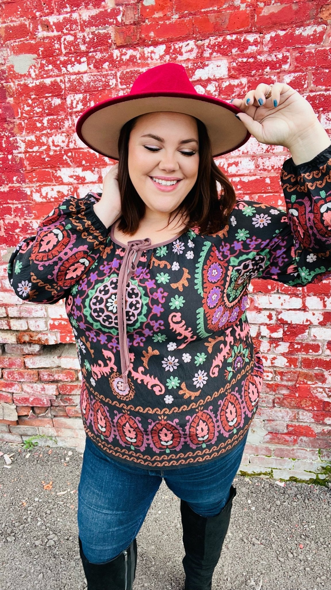 Take The Leap Black & Mauve Border Print Boho Tie Top - Bitsy Gypsy Boutique