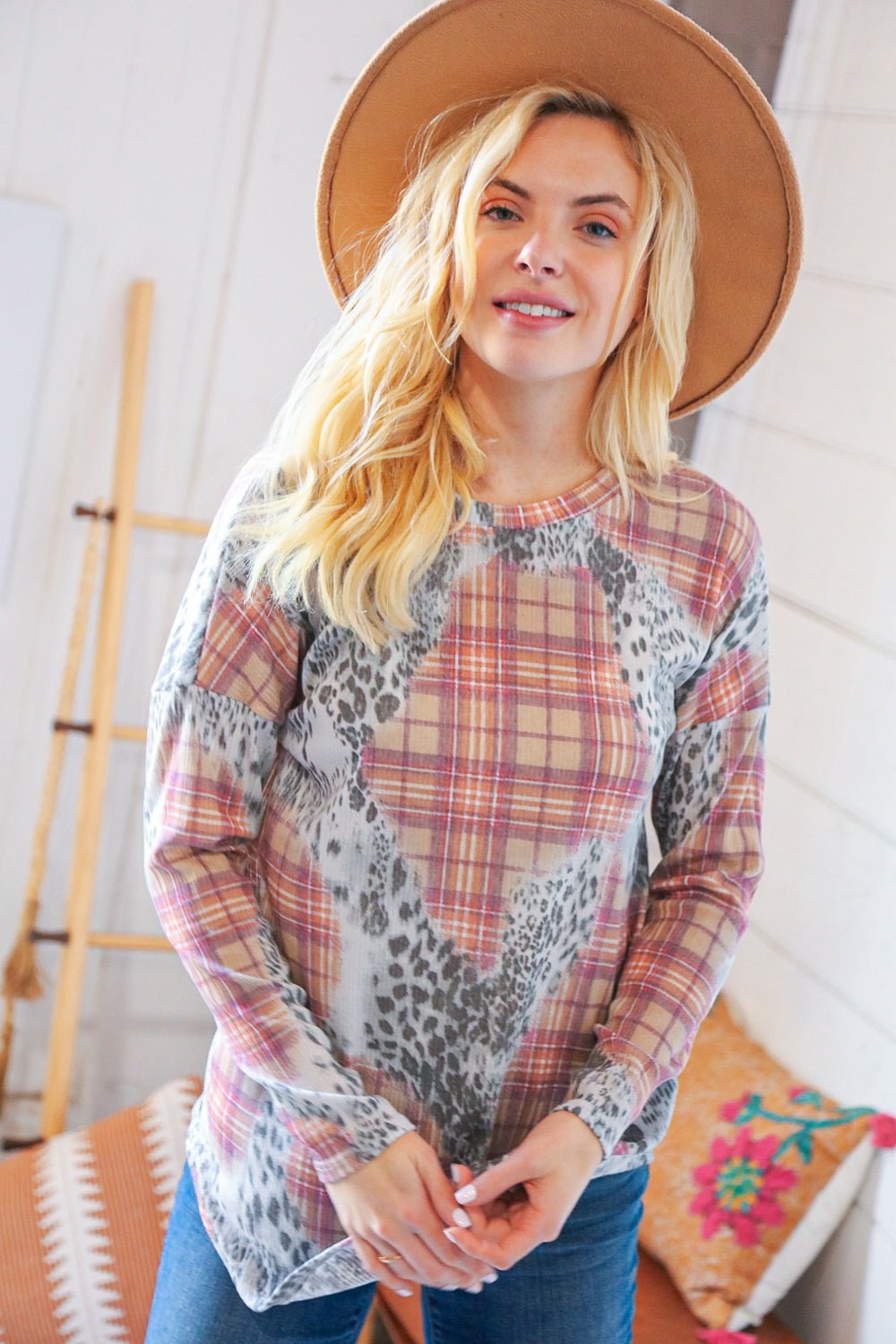 Taupe Leopard Plaid Rib Knit Round Neck Pullover - Bitsy Gypsy Boutique
