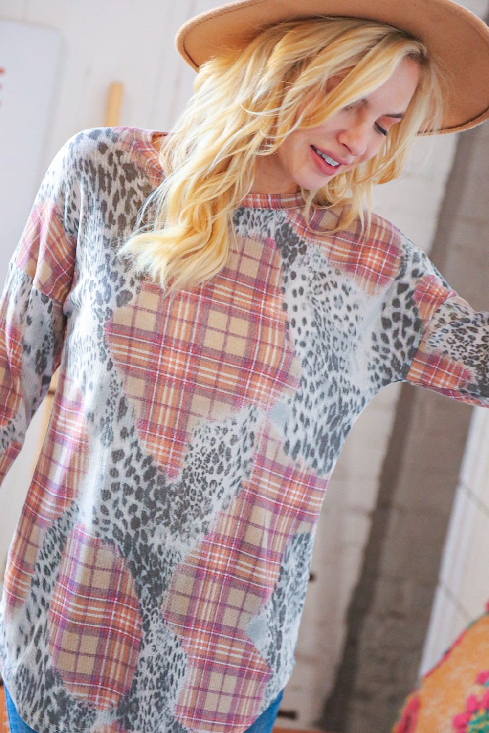 Taupe Leopard Plaid Rib Knit Round Neck Pullover - Bitsy Gypsy Boutique