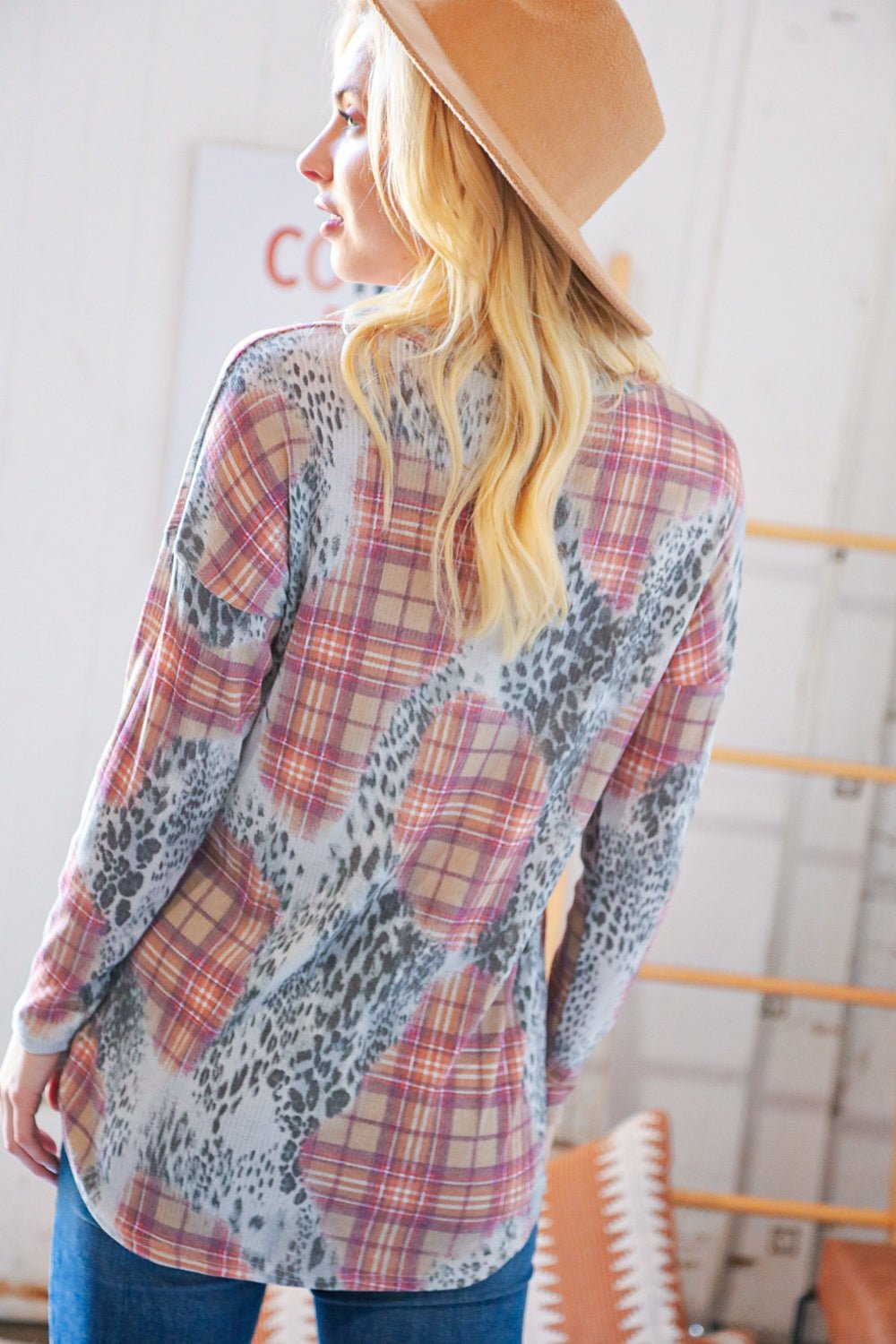 Taupe Leopard Plaid Rib Knit Round Neck Pullover - Bitsy Gypsy Boutique