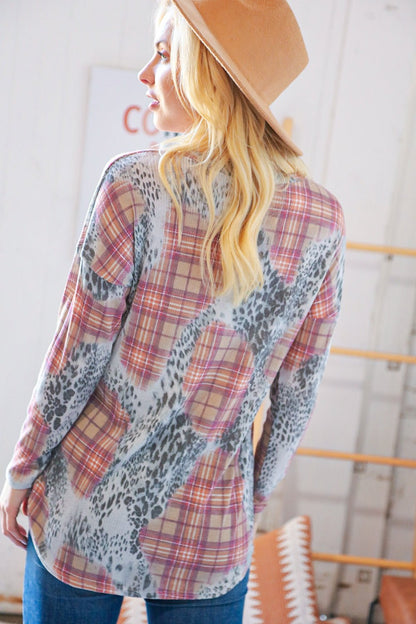 Taupe Leopard Plaid Rib Knit Round Neck Pullover - Bitsy Gypsy Boutique