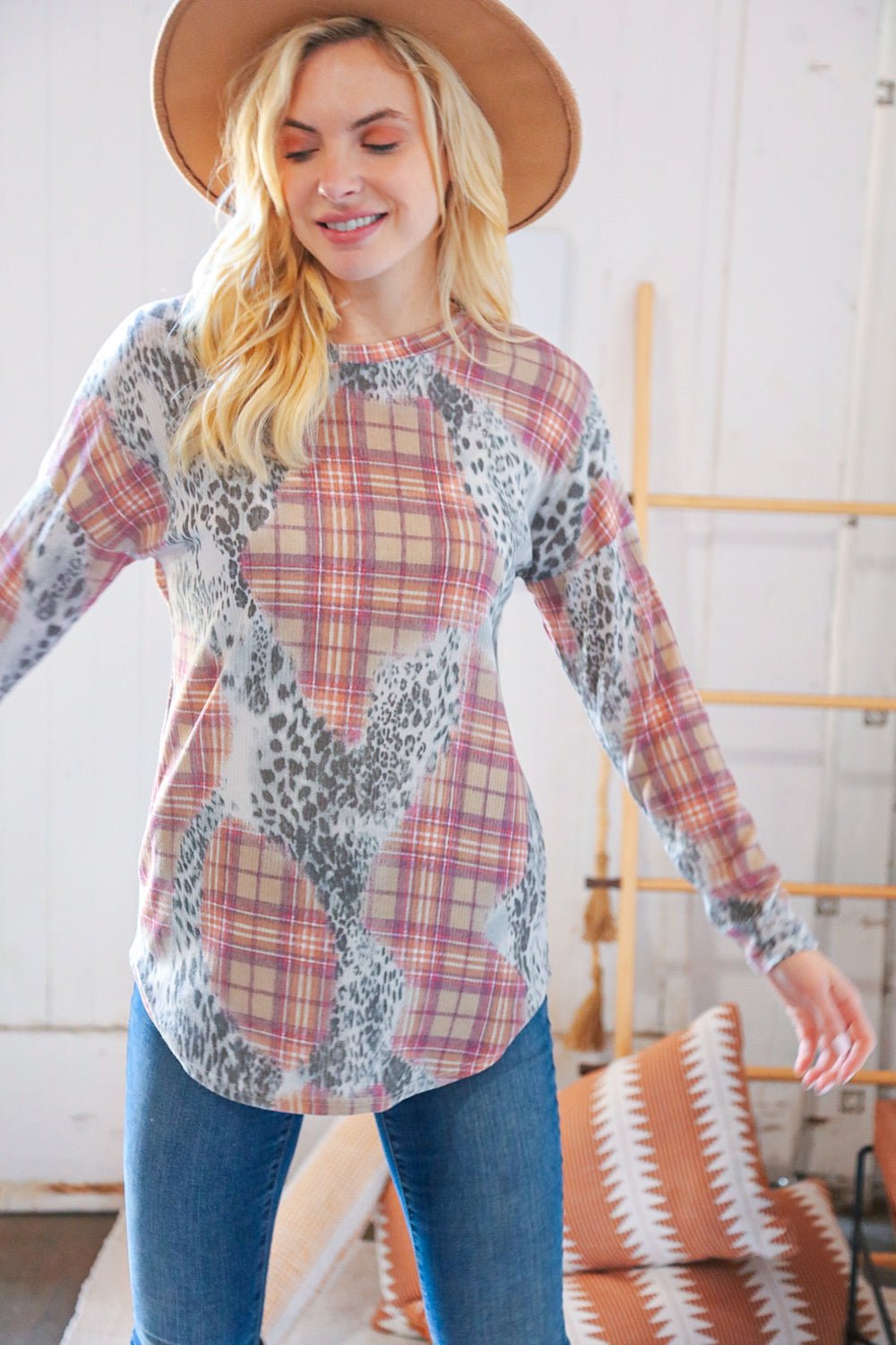 Taupe Leopard Plaid Rib Knit Round Neck Pullover - Bitsy Gypsy Boutique