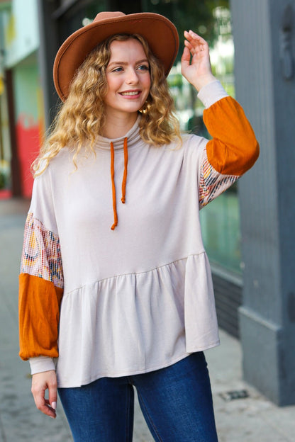 Taupe & Rust Turtleneck Babydoll Terry Top - Bitsy Gypsy Boutique