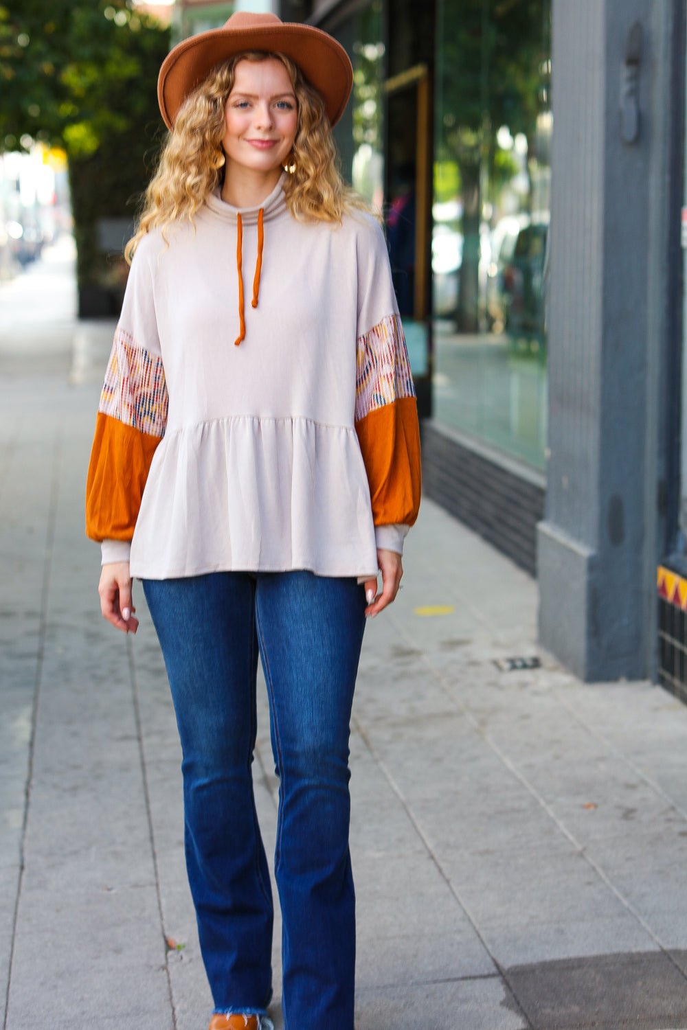 Taupe & Rust Turtleneck Babydoll Terry Top - Bitsy Gypsy Boutique
