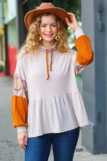Taupe & Rust Turtleneck Babydoll Terry Top - Bitsy Gypsy Boutique