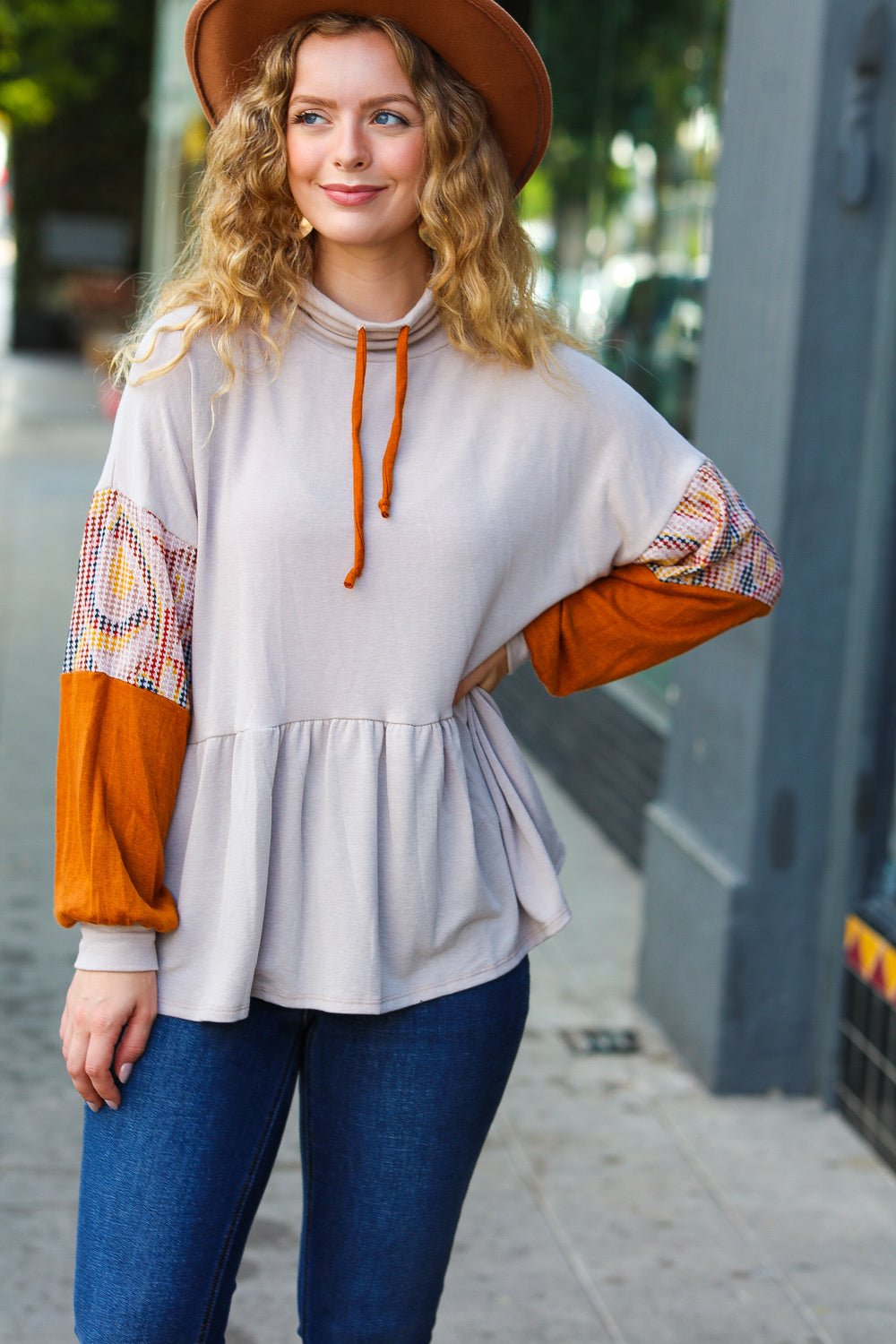 Taupe & Rust Turtleneck Babydoll Terry Top - Bitsy Gypsy Boutique