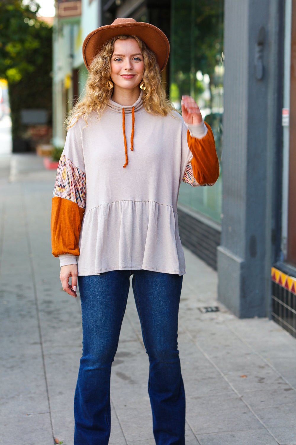 Taupe & Rust Turtleneck Babydoll Terry Top - Bitsy Gypsy Boutique