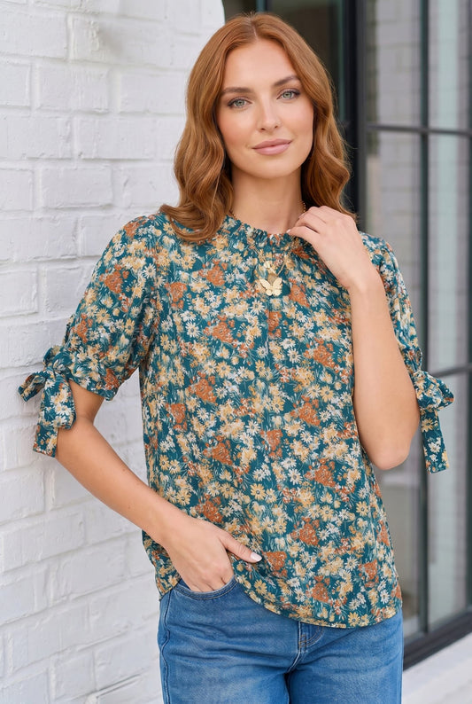 Teal Floral Tie Sleeve Blouse - Bitsy Gypsy Boutique