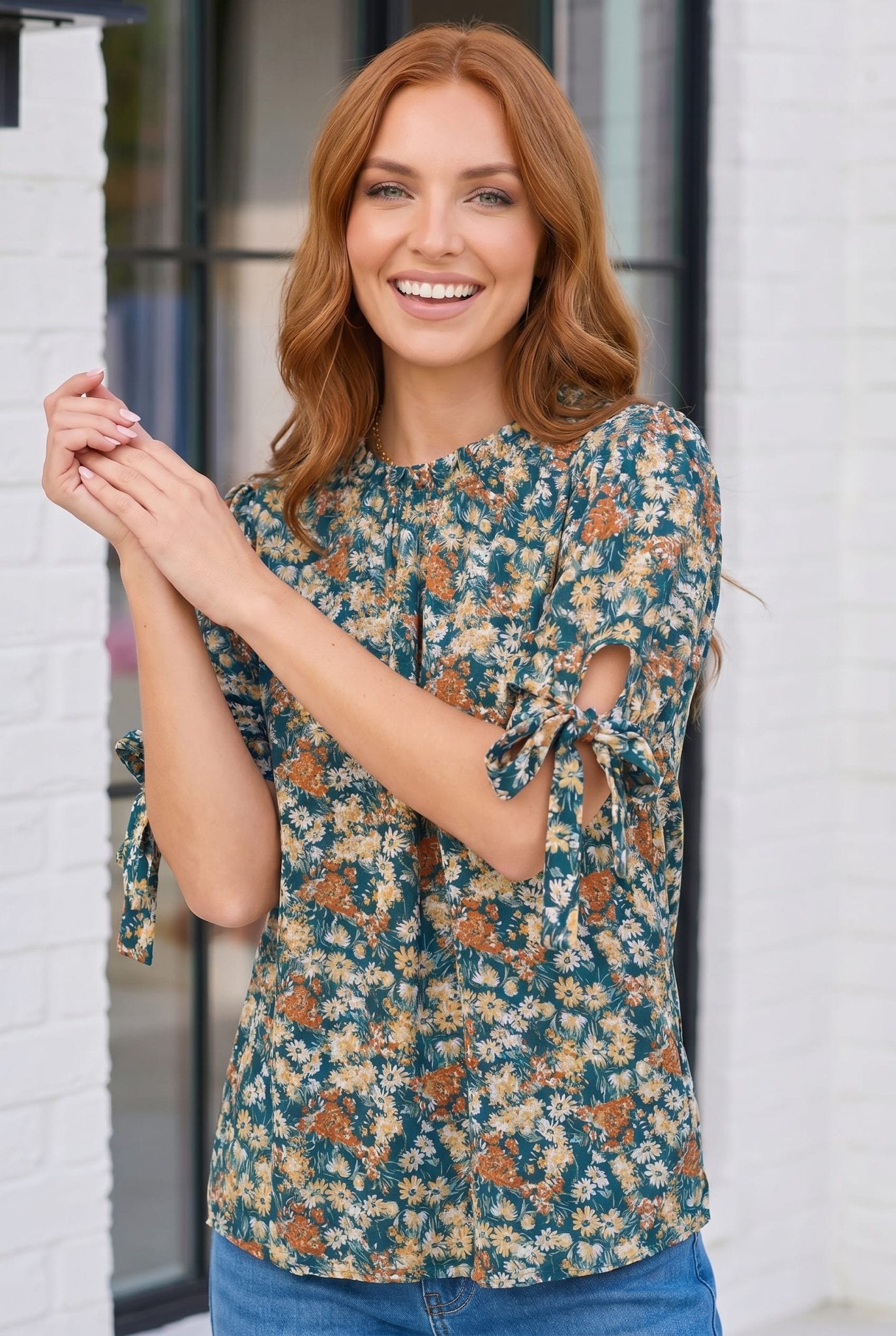 Teal Floral Tie Sleeve Blouse - Bitsy Gypsy Boutique