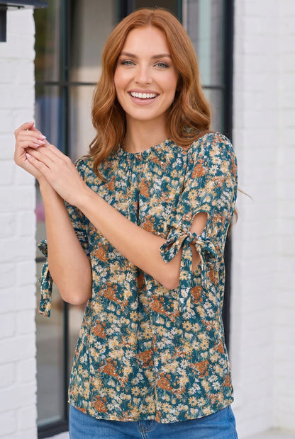 Teal Floral Tie Sleeve Blouse - Bitsy Gypsy Boutique