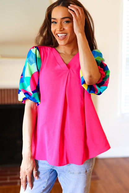 Tell Your Story Fuchsia Geo Print Puff Sleeve V Neck Top - Bitsy Gypsy Boutique