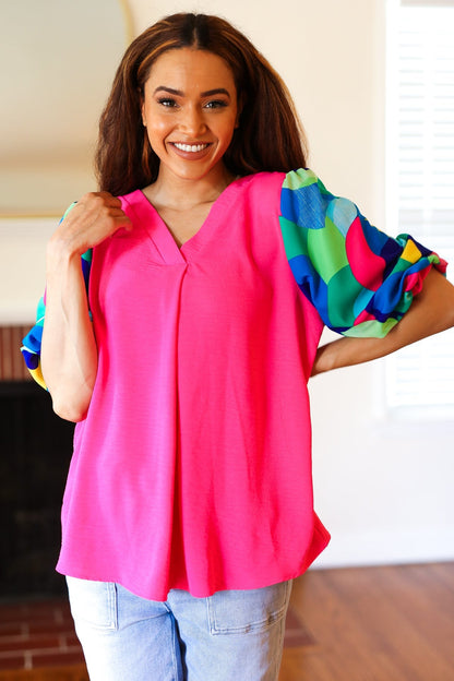 Tell Your Story Fuchsia Geo Print Puff Sleeve V Neck Top - Bitsy Gypsy Boutique