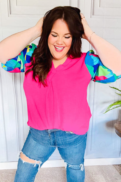 Tell Your Story Fuchsia Geo Print Puff Sleeve V Neck Top - Bitsy Gypsy Boutique