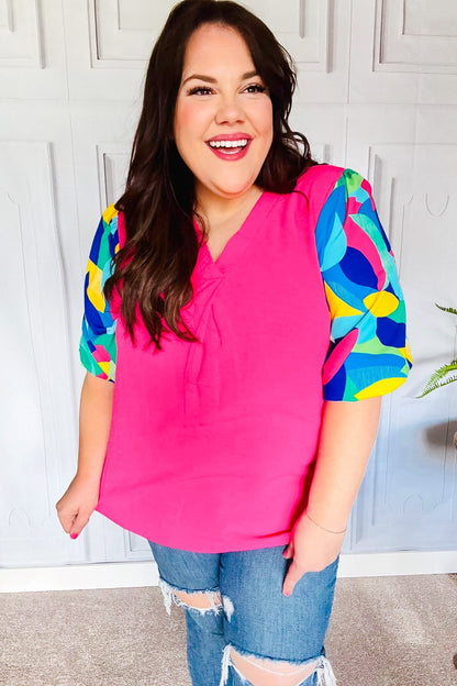 Tell Your Story Fuchsia Geo Print Puff Sleeve V Neck Top - Bitsy Gypsy Boutique