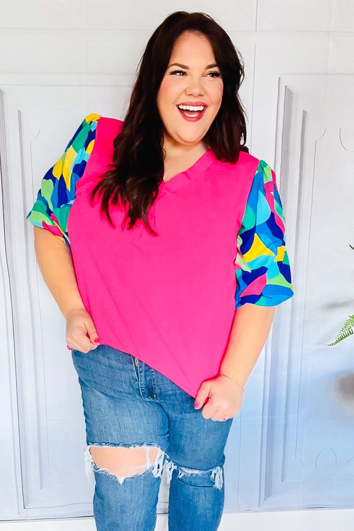 Tell Your Story Fuchsia Geo Print Puff Sleeve V Neck Top - Bitsy Gypsy Boutique