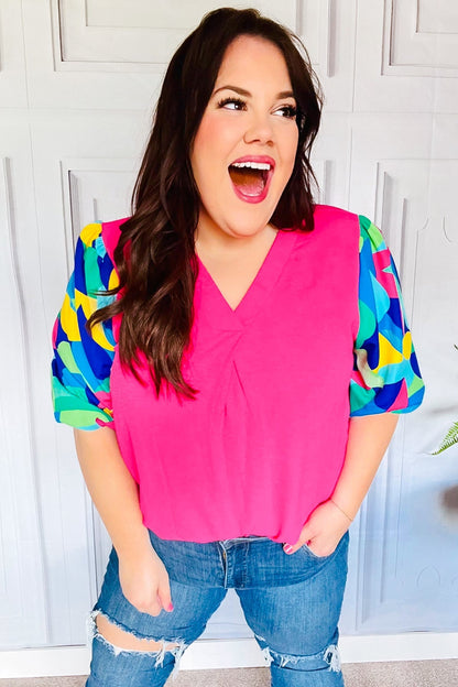 Tell Your Story Fuchsia Geo Print Puff Sleeve V Neck Top - Bitsy Gypsy Boutique