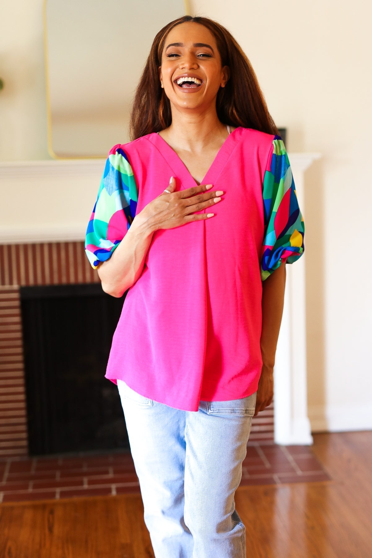 Tell Your Story Fuchsia Geo Print Puff Sleeve V Neck Top - Bitsy Gypsy Boutique