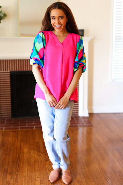 Tell Your Story Fuchsia Geo Print Puff Sleeve V Neck Top - Bitsy Gypsy Boutique