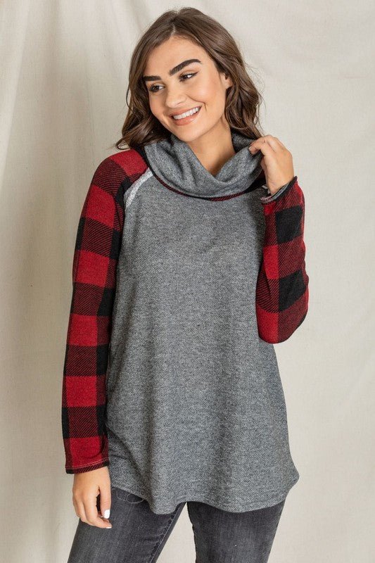 Terry Cowl Neck Checkered Sleeve Tunic - Bitsy Gypsy Boutique
