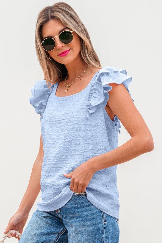 Textured Bow Back Frilled Butterfly Sleeve Blouse - Bitsy Gypsy Boutique