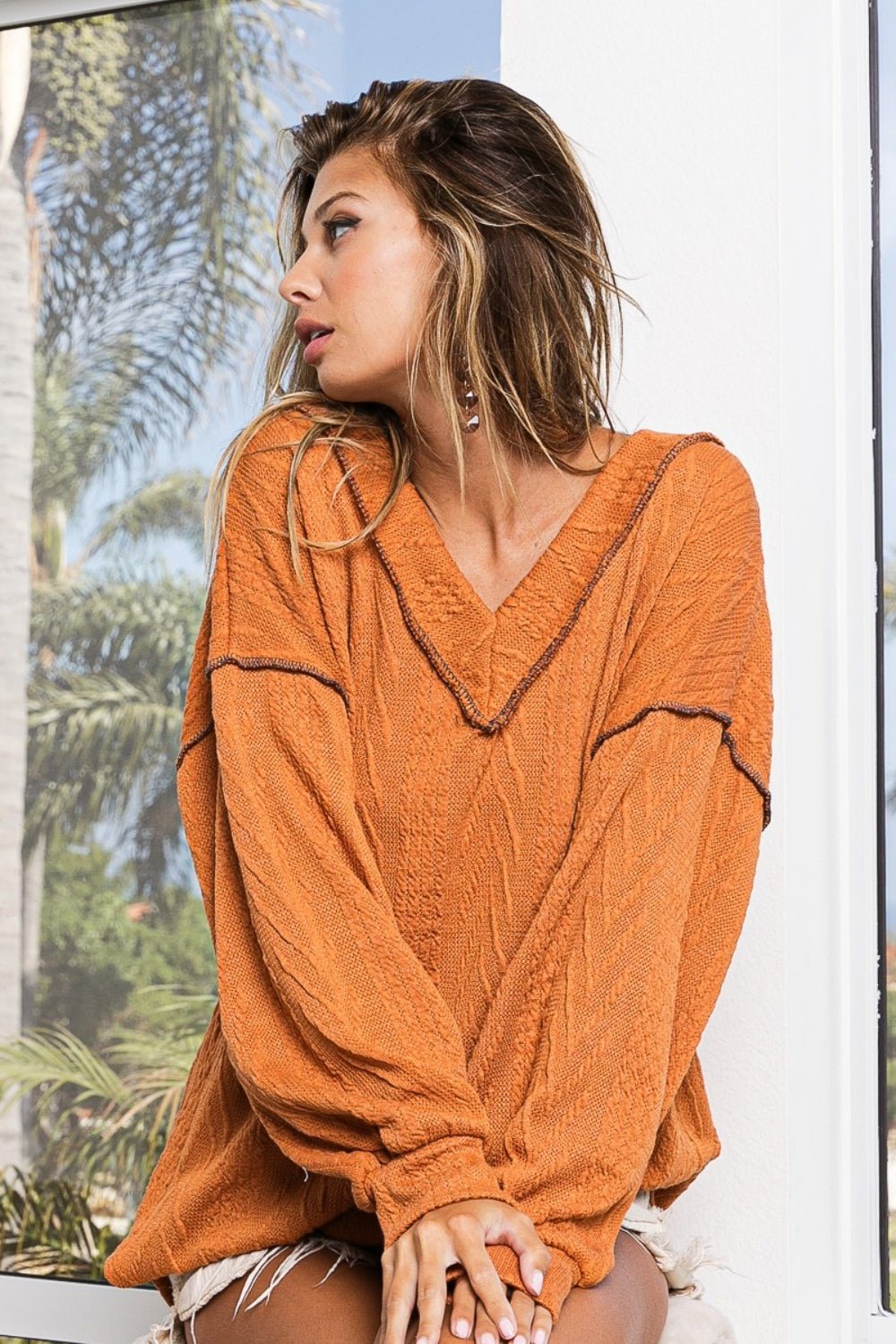 Textured Exposed Seam Drop Shoulder Knit Top - Bitsy Gypsy Boutique
