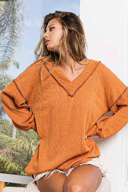 Textured Exposed Seam Drop Shoulder Knit Top - Bitsy Gypsy Boutique